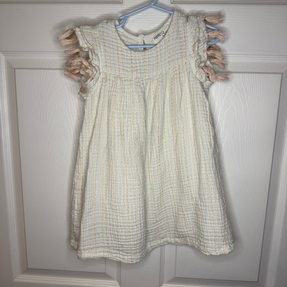 Poppet & Fox Cream 100% Cotton Dress with Fringe Sleeves Girls Size 5 GUC - Picture 1 of 6
